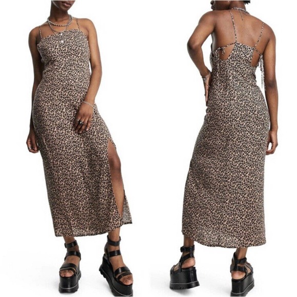 Topshop NWOT Animal Print Leopard Midi Slip Dress Sheath Strappy Sz 8 Front Slit - Picture 3 of 7
